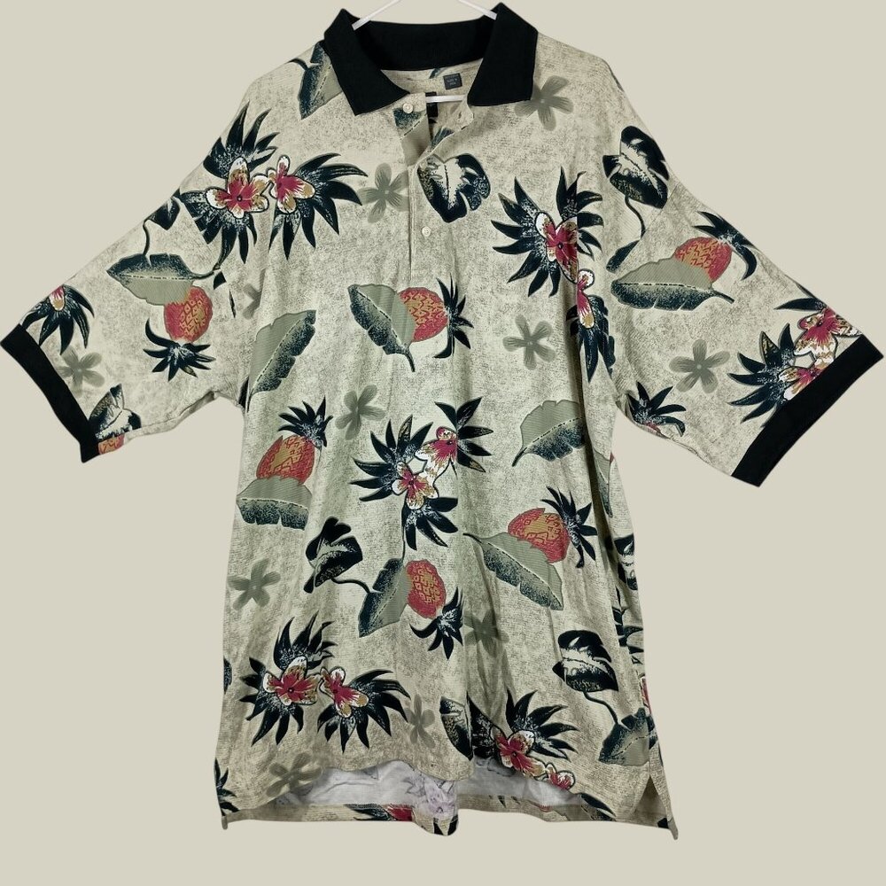 Floral Short Sleeve Polo Shirt Mens XXL Beige Grandpacore Retro Tropical Casual